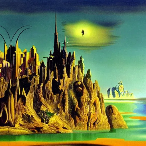 Prompt: a highly detailed matte painting of a glowing emerald city in oz by salvador dali, 8 k resolution