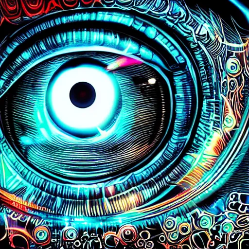 Image similar to cybernetic eye of tiger, digital illustration, photo - realistic, macro, extreme details, vivid, neon, dramatic lighting, futuristic, cyberpunk, intricate details