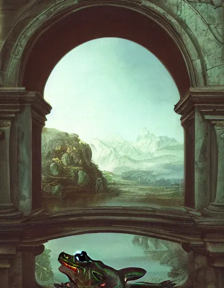 Image similar to a Happy frog by Ansel Adams and Bernardo Bellotto, oil on canvas, artstation, dramatic scenery, masterpiece, aesthetic