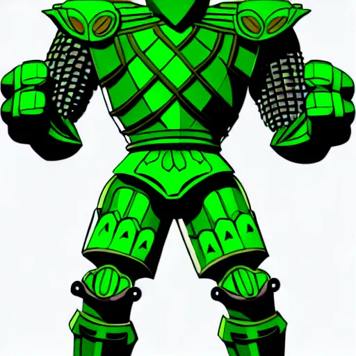 Prompt: a picture of a giant armour green man with his fist up, vector art by mor than, low angle, trending on deviantart, mingei, flat shading, prerendered graphics, marvel comics