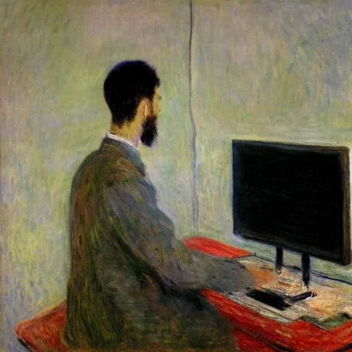 Image similar to monet painting of a skinny man playing warzone on an oversized computer, a soccer ball flying towards him from behind, highly detailed, realistic,