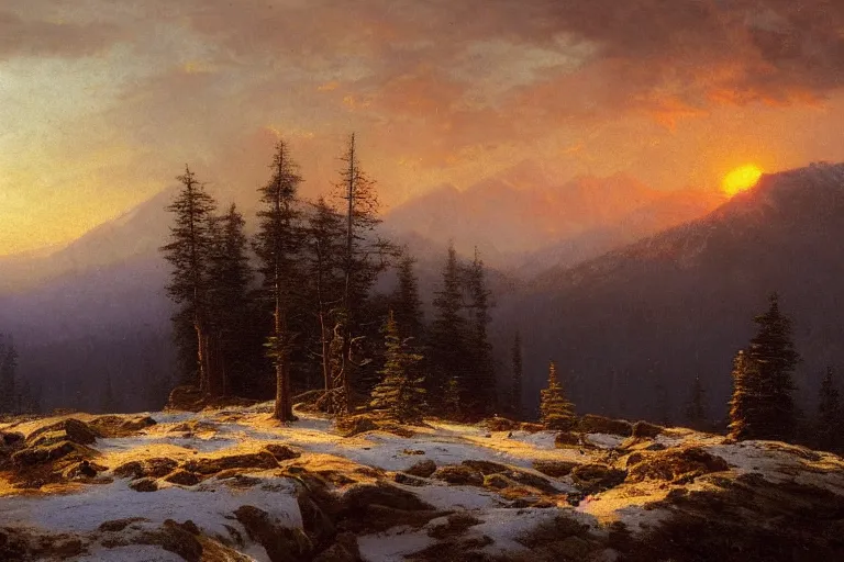 Image similar to mountains, clouds, trees, sunset, beautiful nature, winter, hyperdetailed, focused, cinematic lighting, oil painting, colorful, canvas, artstation, Albert Bierstadt, Hans Dahl, Theodor Kittelsen, Hermann Hendrich, Konstantin Yakovlevich Kryzhitsky