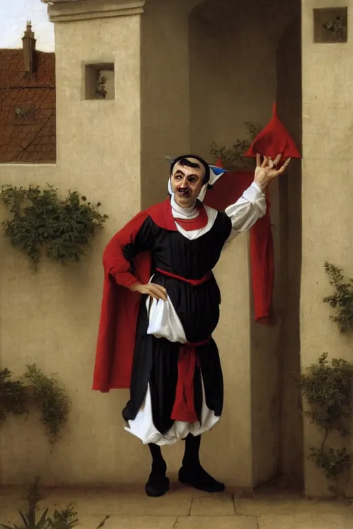 Image similar to Mr Bean as a medieval jester, dancing in a courtyard, bouguereau