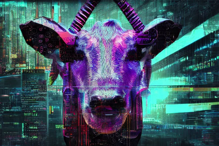 Image similar to complex cyberpunk machine background merged with evil cybernetic goat head in center focus, multicolored digital art