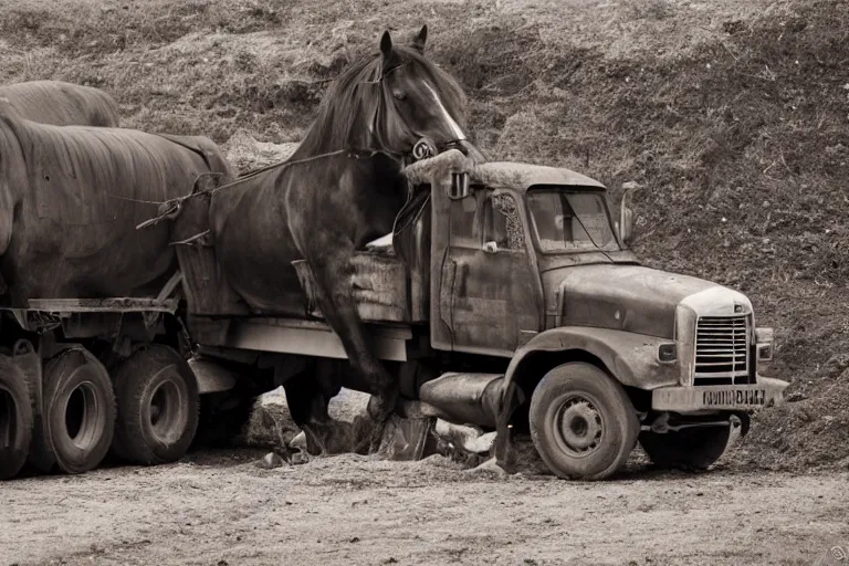 Prompt: dump truck with the body of a horse, photograph,