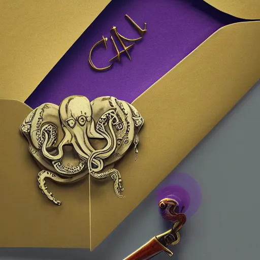 Prompt: close - up lilac envelope letter stamped with a wax seal with an octopus emblem, intricate hyper detailed ultra sharp, sharp focus, global illumination, painting, museum, masterpiece, vermeer, radiant light, alexandre ferra, irakli nadar, octane render, unreal engine, 4 k, ultra hd,