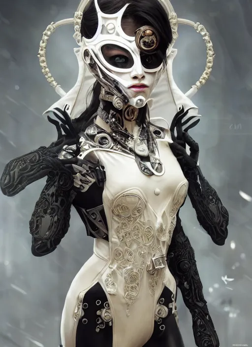 Prompt: a cyborg with mask, black leather garment with art nouveau ivory accessories, white intricate lace and jewels, ominous, ethereal, misty, diffused lighting, cyberpunk, darksynth, luxury, concept art by zeen chin, extremely detailed, artstation, alphonse mucha, ruan jia, 8 k, unreal engine 5