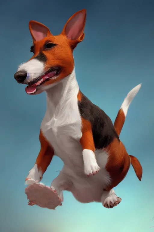 Prompt: adorable jack russel terrier smiling with her eyes closed jumping in the air, wide angle fantasy art, artstation character design contest winner, trending on cgsociety, concept art, speedpaint, beautiful digital art, jesper ejsing, james jean, justin gerard, fenghua zhong, makoto shinkai, highly detailed