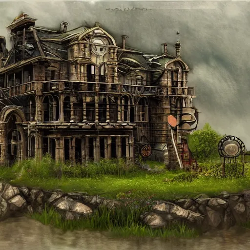 Prompt: a steampunk building by a river in a grassy landscape, artstation, deviantart