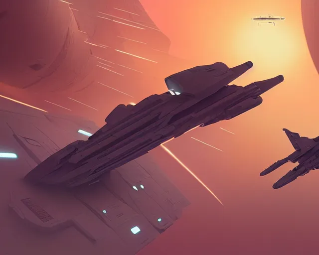 Image similar to spaceship battle by ralph mcquarrie and beeple, trending on artstation