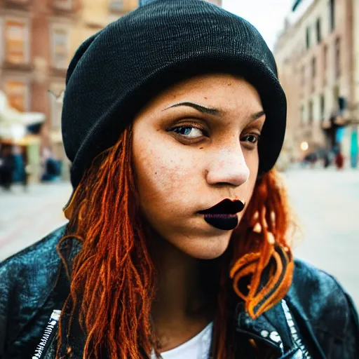 Image similar to character concept art of a mixed woman with freckles with a septum piercing, winged eyeliner, black beanie, black bomber jacket, in an urban environment, depth of field