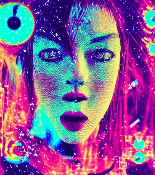 Prompt: 3 5 mm head and shoulders portrait macro shot of a glitchpunk magical girl in a blend of manga - style art, augmented with vibrant composition and color, all filtered through a cybernetic lens, graflex photograph