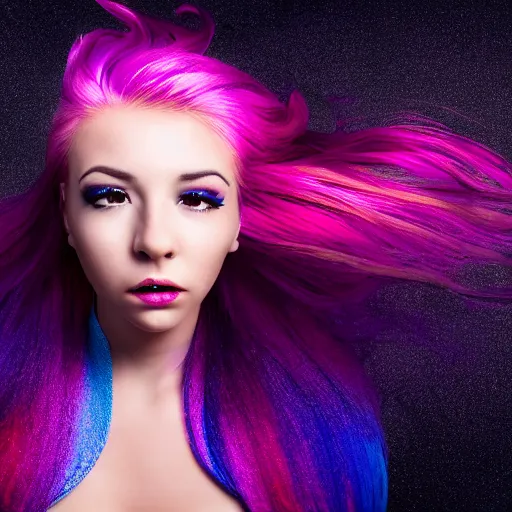 Image similar to a award winning action upper body portrait of a beautiful woman with a ombre purple pink hairstyle with head in motion and hair flying, choker, outrun, vaporware, vivid colors, highly detailed, fine detail, intricate