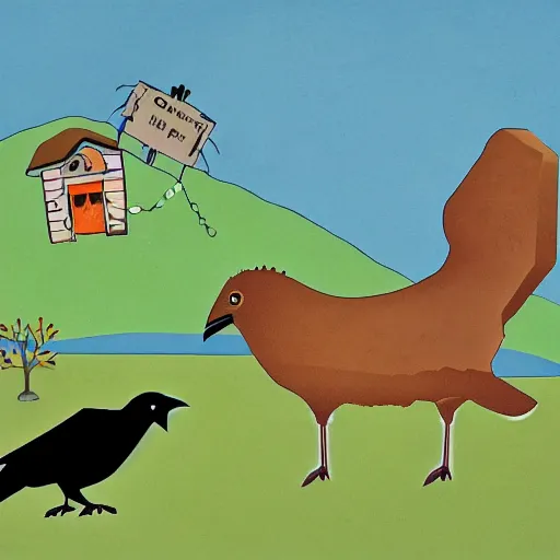 Prompt: a crow trying to grab a ram, children's book illustration, in the style of Andy Catling,