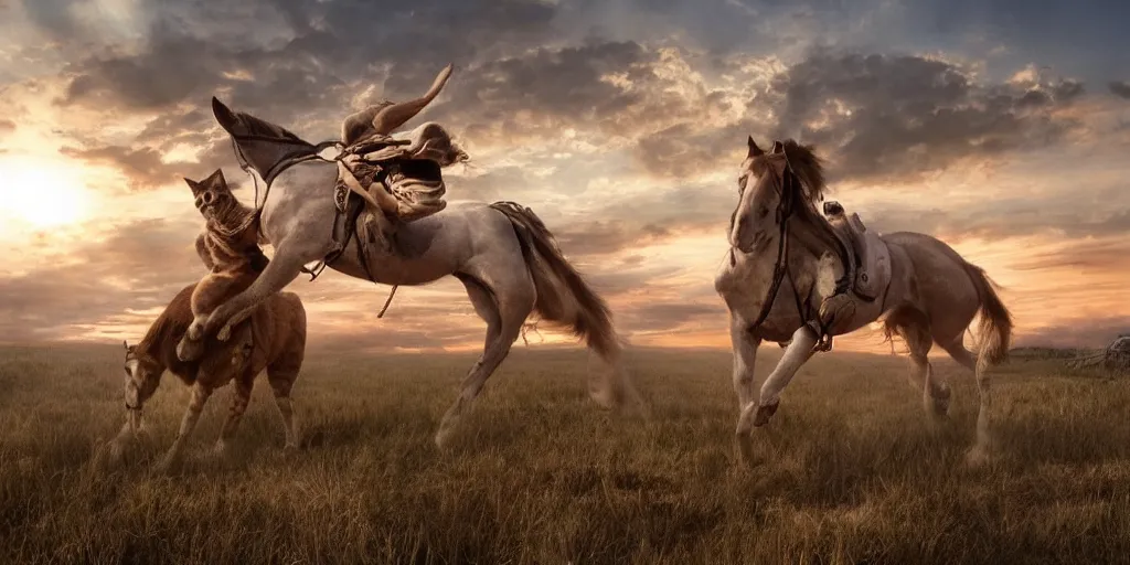 Image similar to cyborg cat rides a horse into the sunset, punished, war, hyperrealistic, sharp focus, award winning photo