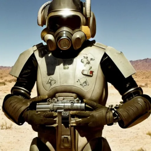 Image similar to award winning photograph of barack obama wearing fallout t - 5 1 b power armor in the mojave desert