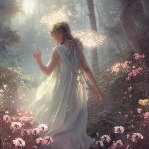 Prompt: silver fairies home madeup of flowers, magical world, by greg rutkowski, sung choi, photo realistic, 8 k, cinematic lighting, hd, atmospheric, hyperdetailed, trending on artstation, devainart, digital painting, glow effect