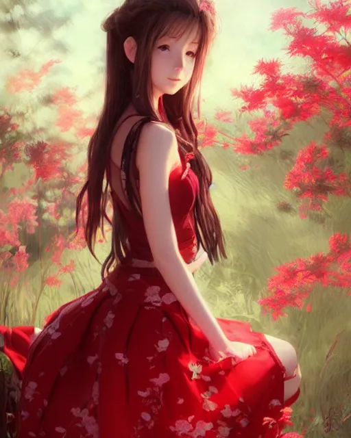 Image similar to aerith gainsborough in red lace skirt, portrait, illustration, rim light, top light, perfectly shaded, spring time, slight overcat lighting, soft painting, art by krenz cushart and wenjun lin