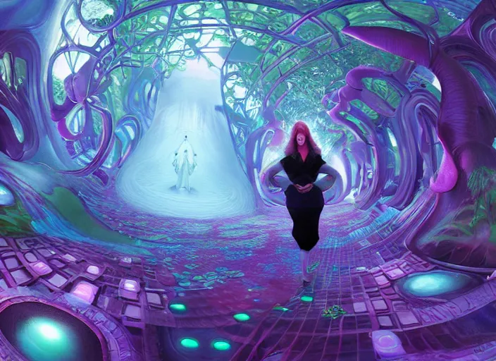 Image similar to vfx surreal 3 d portrait of alice from wonderland walking into a non - euclidean and infinite tunnel of evanescent hallucinatory images in endless mirrors that temporarily cling to a virtual node of experience called the self in an illusion called spacetime, hyperdetailed, octane render, by jeff soto and daniel merriam and pixar, nvidia raytracing demo