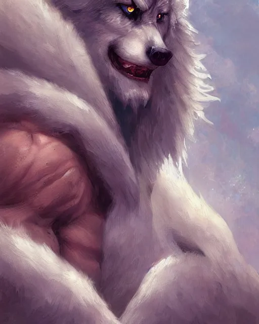 Prompt: a anthropomorphic wolf king with white fur. Renowned character illustration by by Edgar Maxence and Ross Tran