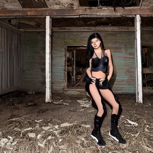 Prompt: kylie Jenner in a derelict house wearing an army outfit