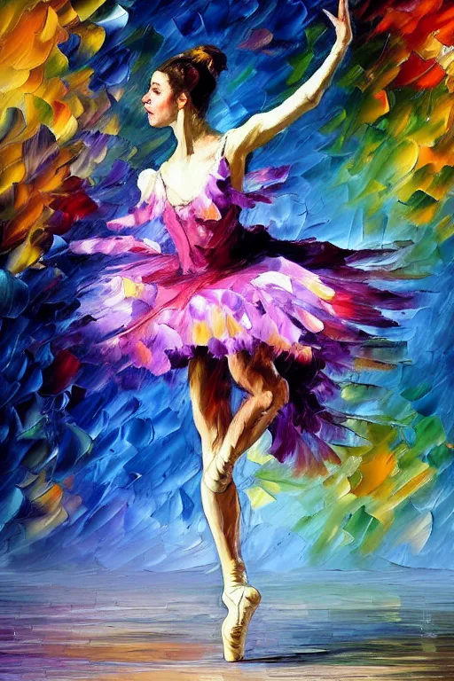 Image similar to palette knife oil painting of a leaping ballerina dancer, extreme detail, style by leonid afremov and degas, artstation, artgerm, deviant art, octane, substance, art history