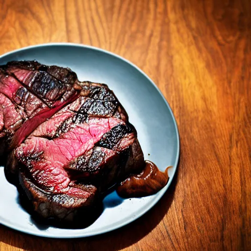 Image similar to A perfectly guitar shaped perfectly cooked rare steak, blue meat, food photography, 35mm, macro