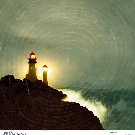 Image similar to painting of light house rocky coast stormy seas night time lighthouse illuminating the dark volumetric lighting in the style of thomas cole course of empires