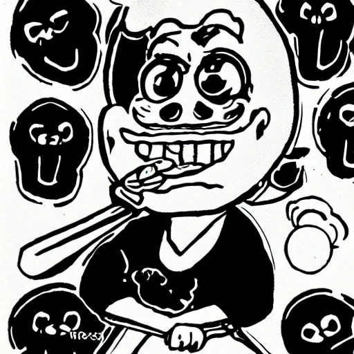 Image similar to evil anthropomorphic cookie cooking a bunch of cookies, in the kitchen, award winning manga style, black ink