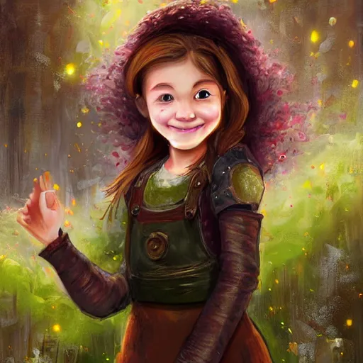 Prompt: the blacksmits’ daughter, working in the forge, a smile at her face, fantasy art in the style of Lilia Alvarado,