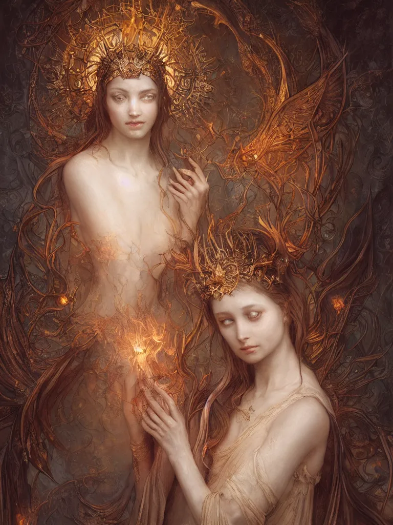 Prompt: breathtaking detailed soft painting of a elesh norn angel, cloak of fireflies and art nouveau crown of embers, rembrandt style, detailed art nouveau stained glass of flames background, christian saint rosace, elegant, highly detailed, artstation, concept art, matte, sharp focus, art by Tom Bagshaw, Artgerm and Greg Rutkowski