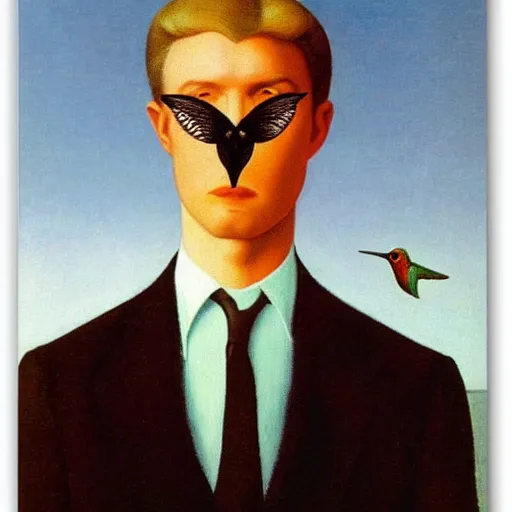 Prompt: Self-Portrait with Thorn Necklace and Hummingbird by Rene Magritte