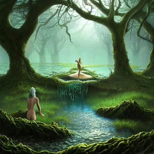 Image similar to beautiful digital fantasy illustration of A woody green field with a stream running through it, with a group of dryad women standing in the water. They seem to be preparing to submerge themselves in the cool, clear waters of the stream. a creepy creature standing in front of a mirror!, concept art by Alex Horley-Orlandelli!!, cgsociety contest winner!!!, cgsociety, fantasy art, highly detailed, soft lighting, rendered in octane, masterpiece, very very very aesthetic