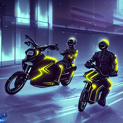 Image similar to cyber motorbikers by pascal blanche, black and yellow, dark neon trimmed beautiful dystopian digital art