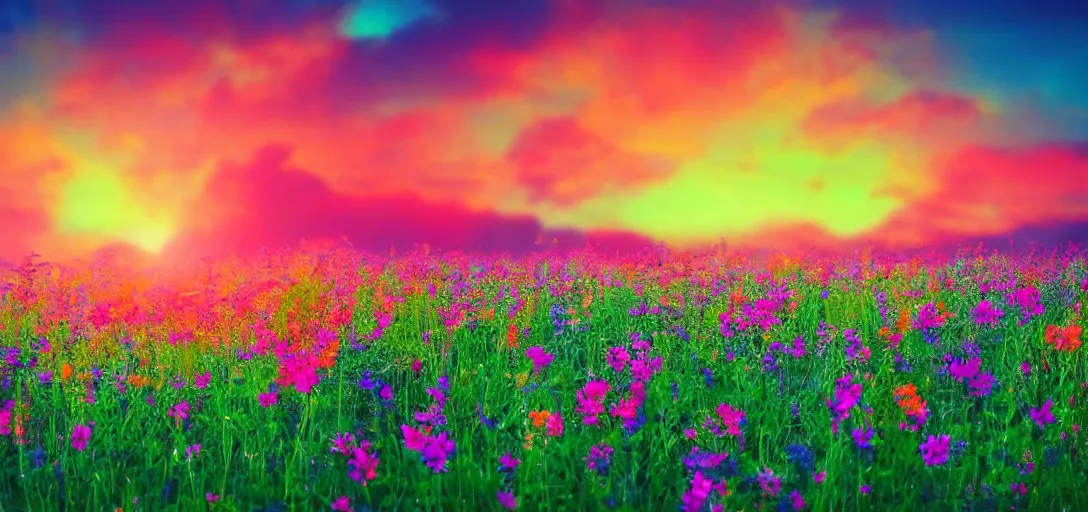 Image similar to an impossible field of beautiful neon colored flowers with a beautiful sunset, vaporwave