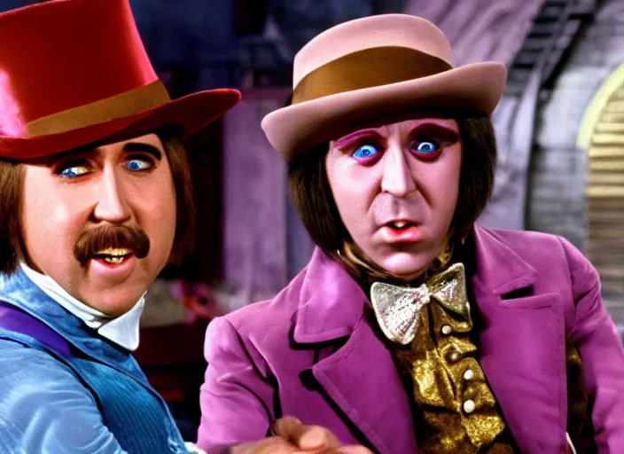 Image similar to film still of Nicolas Cage as Willy Wonka in Willy Wonka and the Chocolate Factory 1971