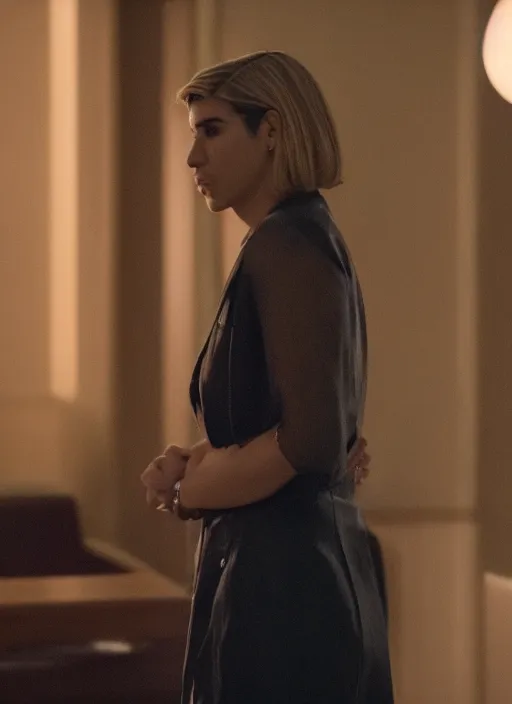 Prompt: a pov, film still of dua lipa as kim wexler speaking to saul goodman, cinematic lighting, from better call saul.