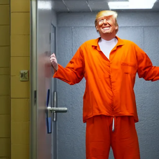 Image similar to photo of Donald trump being taunted in prison wearing an orange jumpsuit