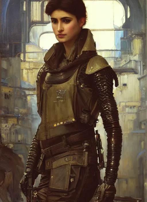 Image similar to beautiful cyberpunk pilot wearing military vest. Iranian orientalist portrait by john william waterhouse and Edwin Longsden Long and Theodore Ralli and Nasreddine Dinet, oil on canvas. Cinematic, hyper realism, dramatic lighting, high detail 4k