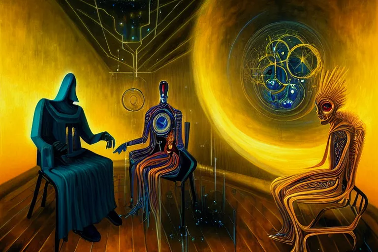 Image similar to a beautiful masterpiece painting of a cybernetic wizard discussing sentience with his AI by Remedios Varo and Anato Finnstark