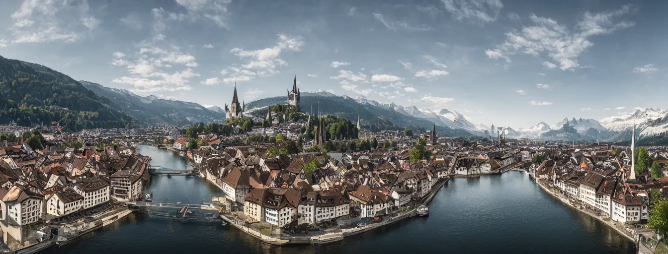 Image similar to Photo of Zurich, looking down the river at the lake and the alps, Hardturm, Grossmünster, wide angle, volumetric light, hyperdetailed, mountain water, artstation, cgsociety, 8k