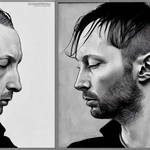 Image similar to hyper realistic portrait of cleanshaven thom yorke short haired variations singer songwriter ok computer, ( side ) profile, liminal space, by lee bermejo, alphonse mucha and greg rutkowski