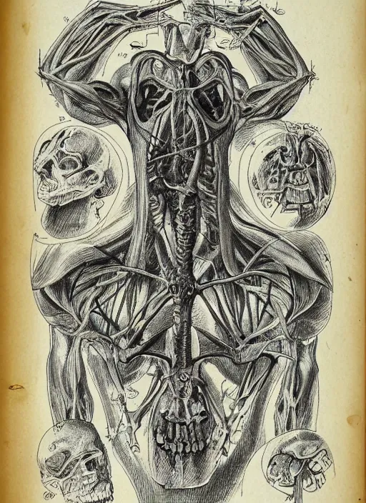 Image similar to a full page scan of detailed vintage illustrated anatomical drawing of how to raise the dead, handwritten, satanic, evil, grimoire page, necronomicon style