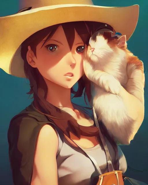 Prompt: a very cute cowgirl wearing a cat hat, medium shot, ambient lighting, visible and detailed face, by makoto shinkai, stanley artgerm lau, wlop, rossdraws