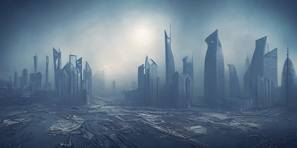 Prompt: nuclear winter, shanghai city, near future, fantasy, sci - fi, hyper realistic, serene, morning.