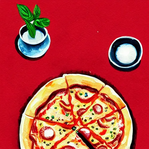 Prompt: maximalist delicious pizza, by kseniia yeromenko, watercolor, illustration, red background, centered