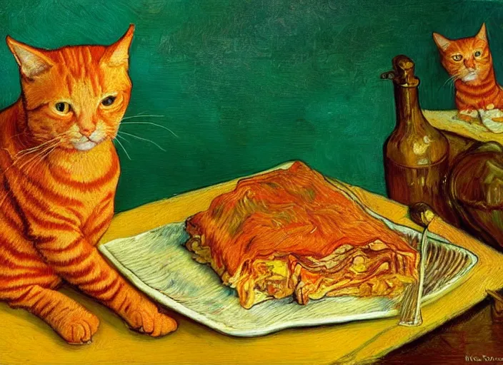 Image similar to detailed realistic realism painting of orange tabby cat fused combined with lasagna, at dusk, in the style of vincent van gogh and salvador dali and leonardo da vinci