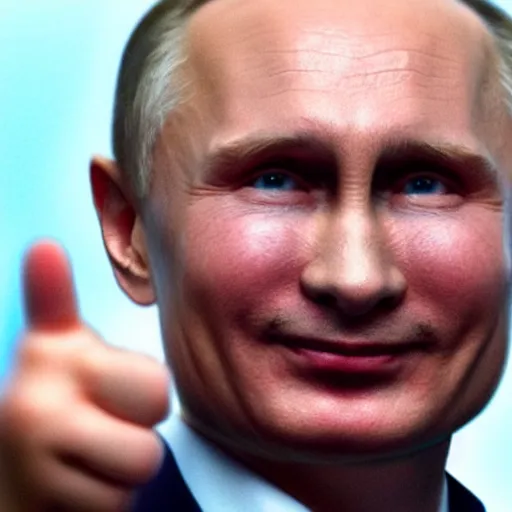 Prompt: high definition photo putin smirking while pointing up with one finger, 4k