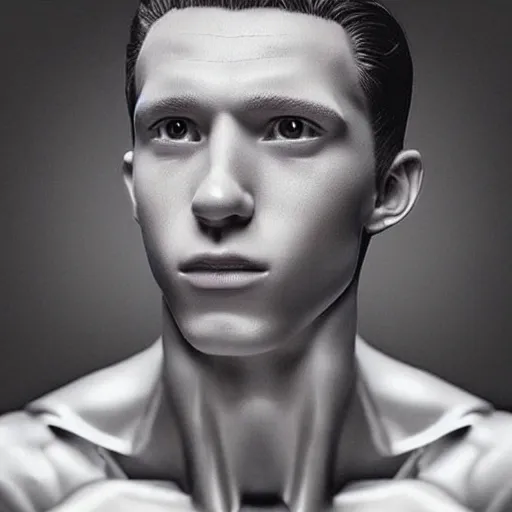 Image similar to “a realistic detailed photo of a guy who is an attractive humanoid who is half robot and half humanoid, who is a male android, Tom Holland, shiny skin, posing like a statue, blank stare”