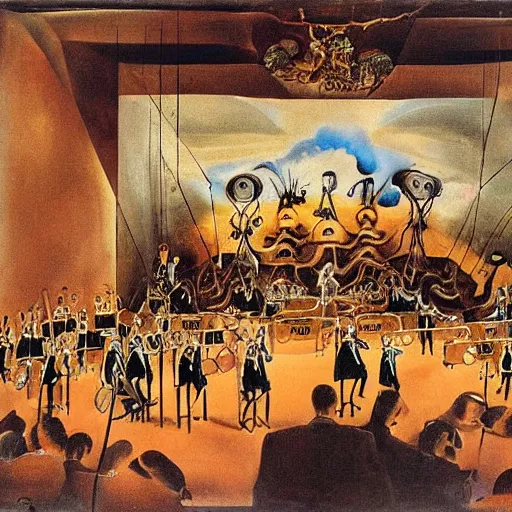 Image similar to orchestra painted by an insane dali